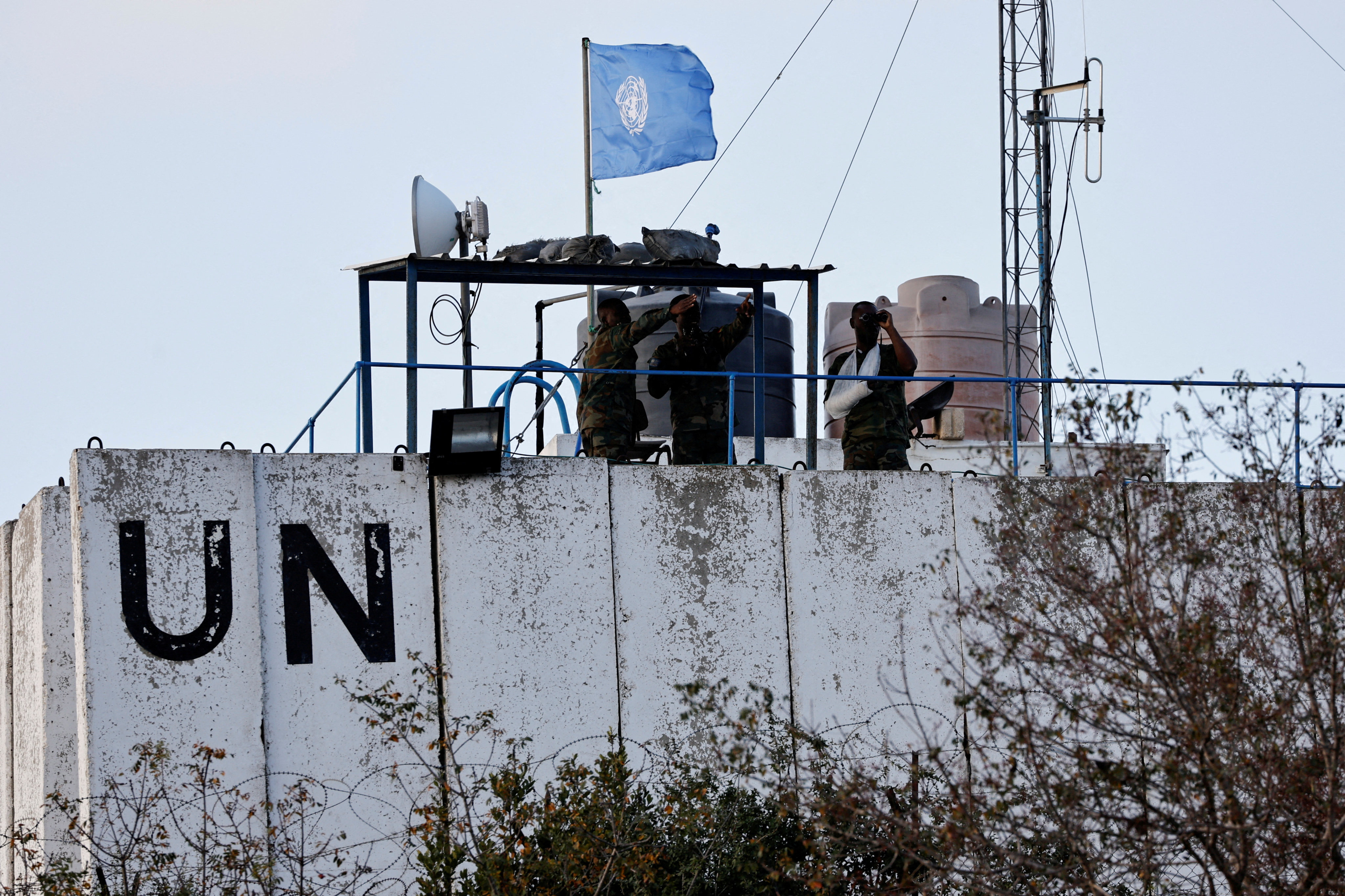 UN peacekeepers on a watchtower ‏in the town of Marwahin, in southern Lebanon. File photo: Reuters