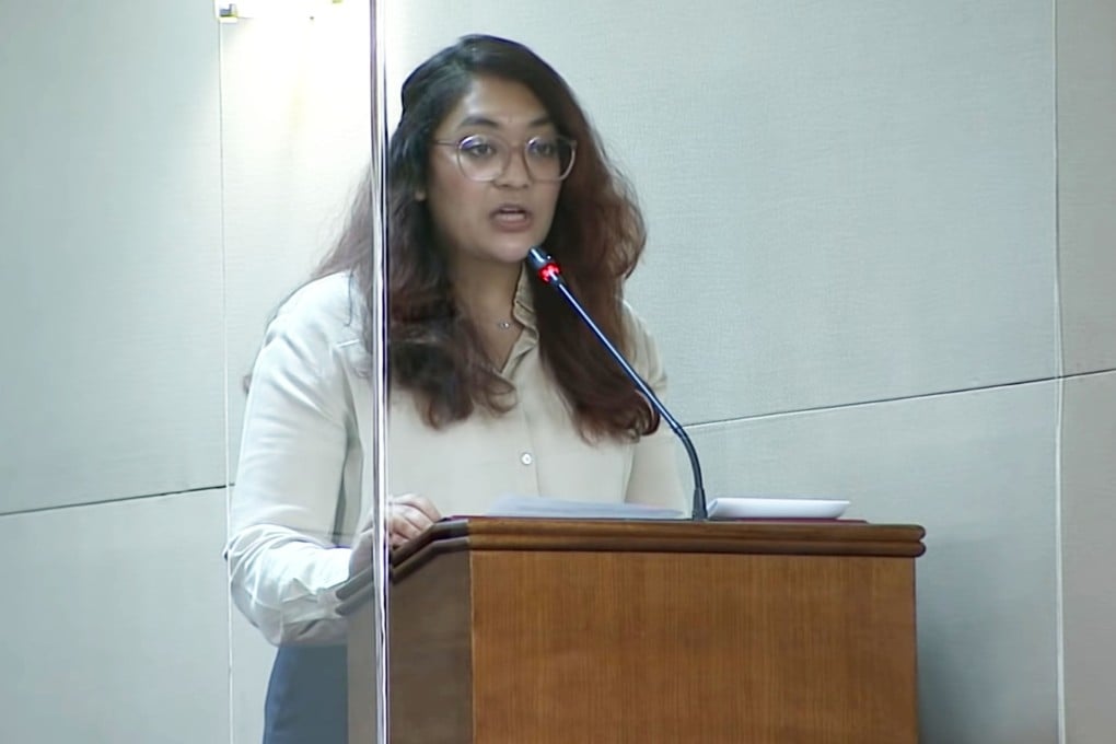 Then Workers’ Party MP Raeesah Khan speaking in Singapore’s parliament in 2021. Photo: YouTube/wpsgp