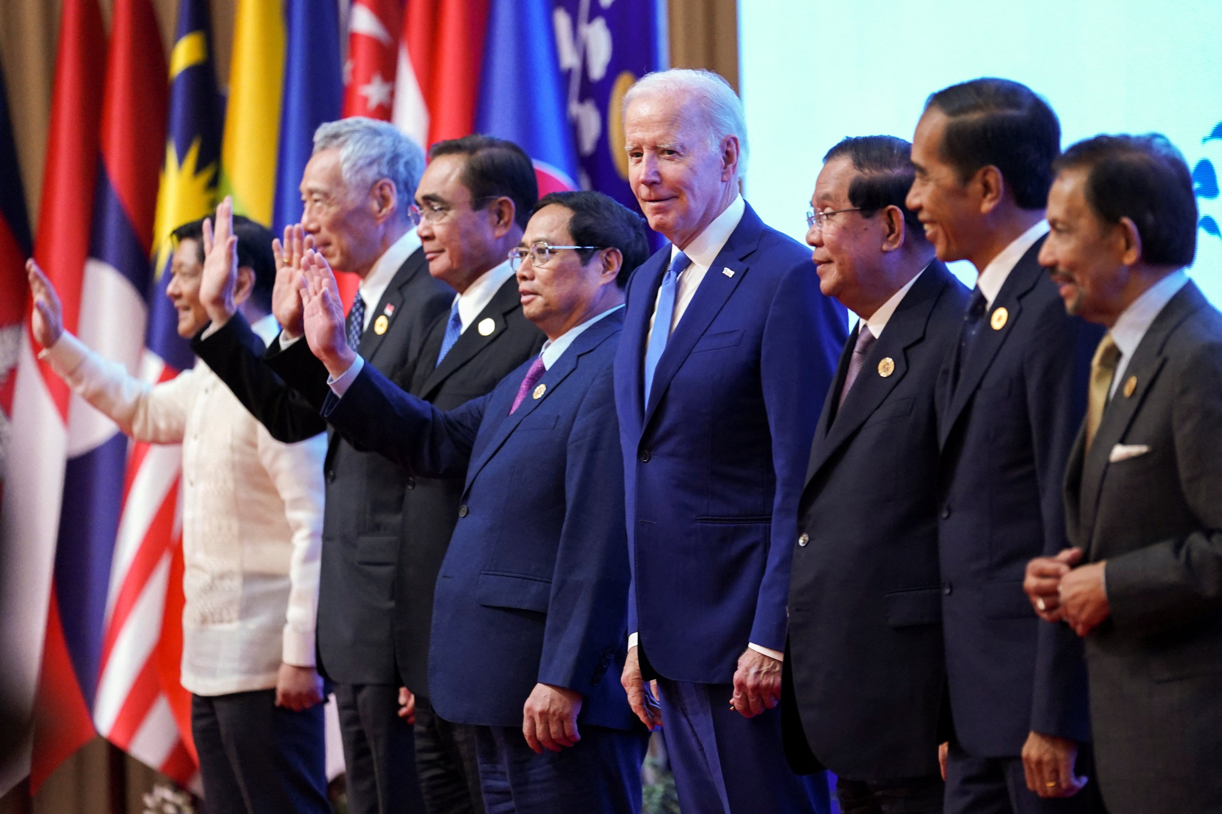 US President Joe Biden poses with other leaders during the 2022 Asean summit in Phnom Penh. Photo: Reuters